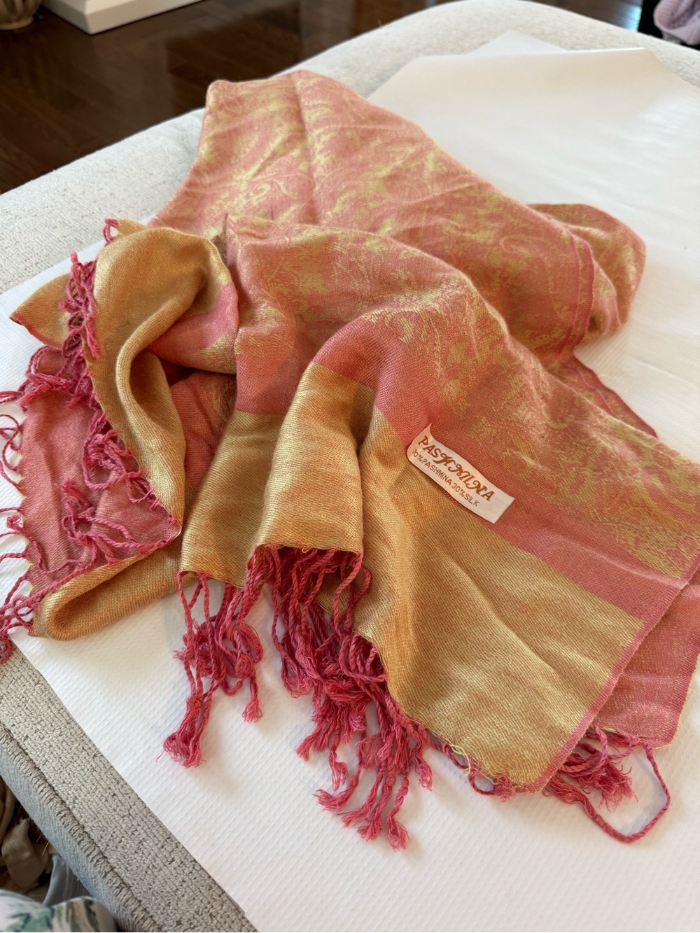 pashmina Silk Blend  Pink & Gold Paisley Scarf Shawl Wrap with Fringe